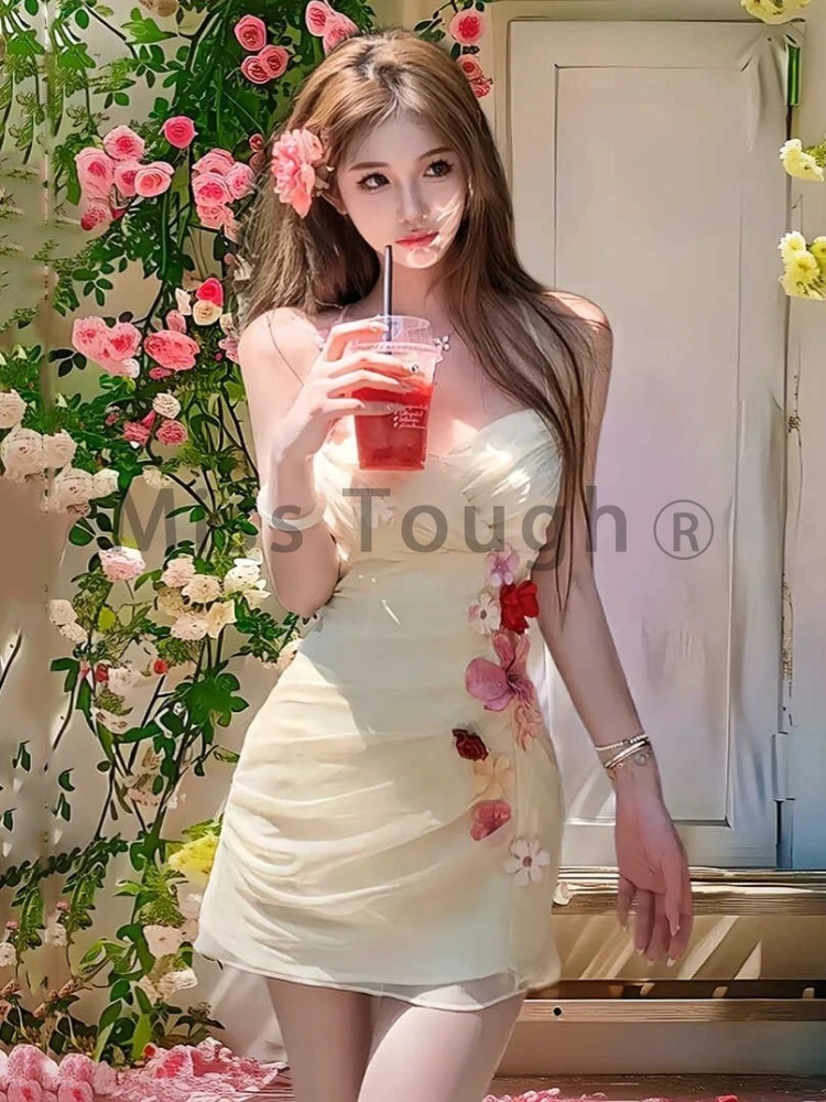 Elegant Chic Sexy One Piece Dress Y2k Women Vintage Casual Slim Mini Dress Female France Fashion Flower Clothing 2024 Summer New