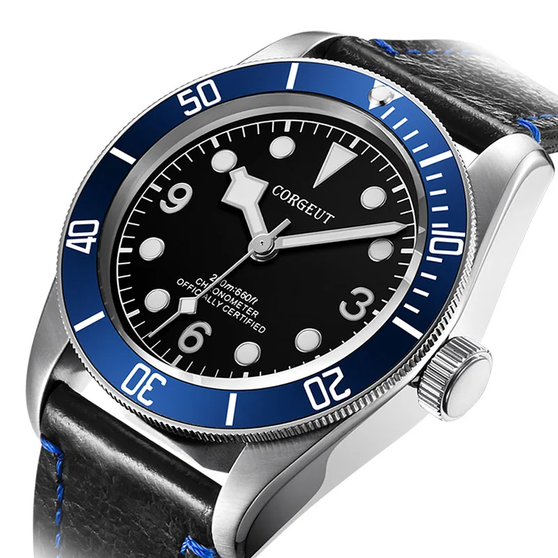 

CORGEUT 41MM Automatic Men's Watch Blue Bezel Stainless Sapphire Crystal Mechanical Watch Fashion Black Dial Luminous