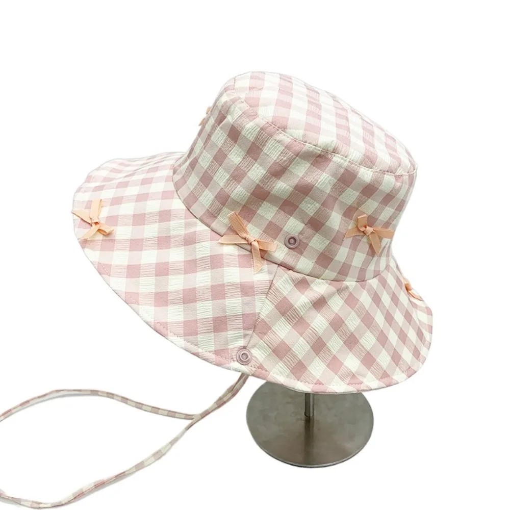 

Sun Protection Hiking Fisherman Hat Small Lattice Versatile Plaid Hiking Cap Sunscreen Sunshade Drawstring Sun Hat Summer