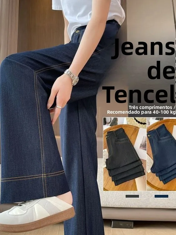 Calça Jeans Casual Slim Reta de Cintura Alta Masculina e Feminina Primavera Verão Fina com Botões Lazer Calça Longa com Recor...