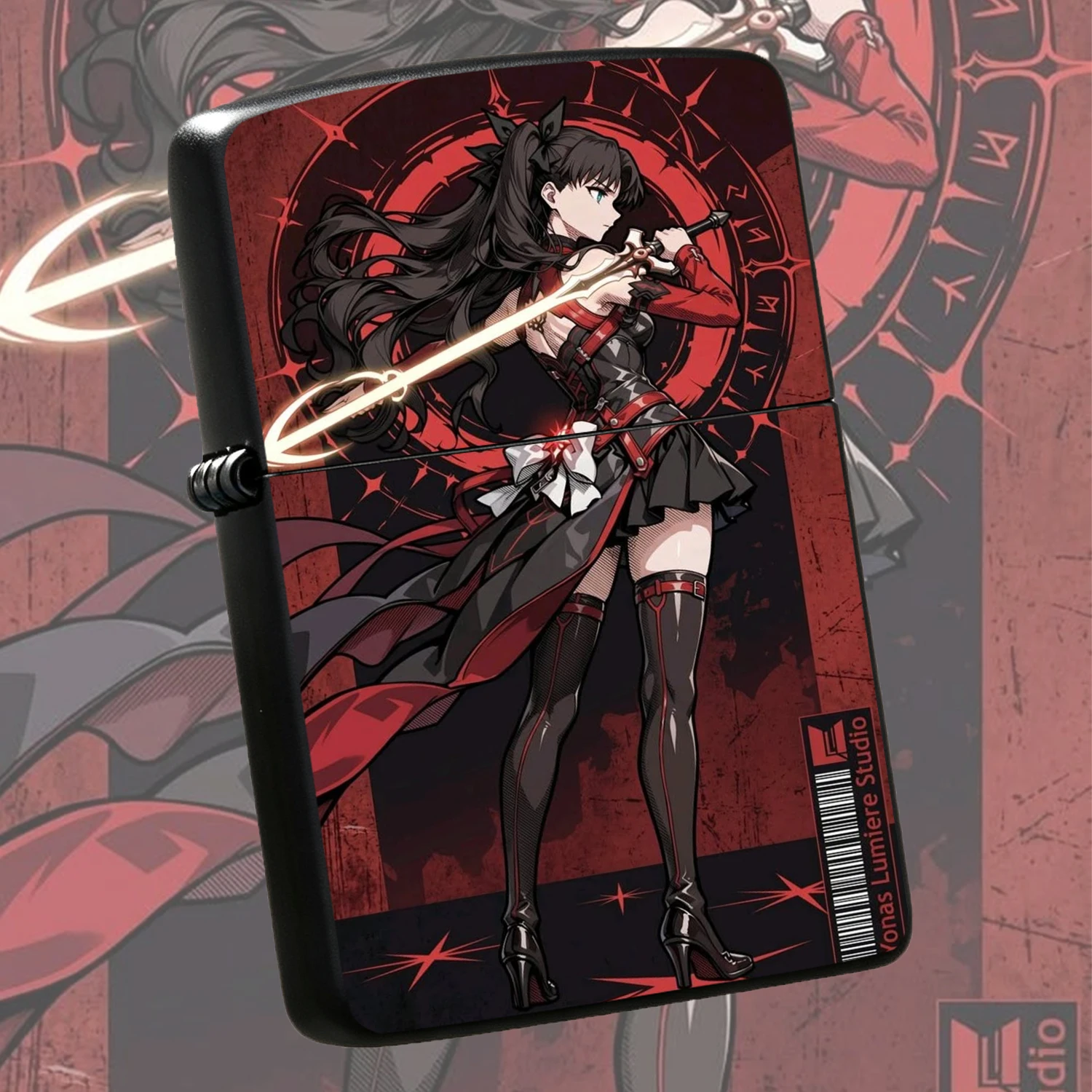 Anime Character Tohsaka Rin Print Windproof Cool Red Black Magic Circle Pattern Durable Housing Portable Collectible Lightweights Ideal Gift For Anime Fans Boyfriend Daily Use A Fun And Humorous Lighter