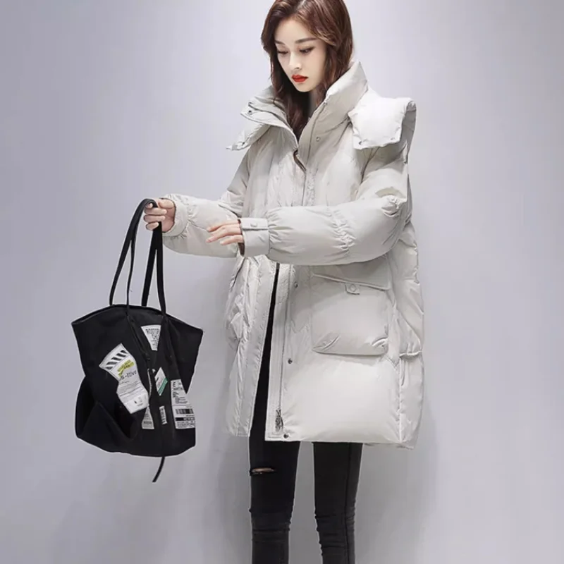 White Duck Down Hooded Jacket with Large Pocket Design, Warm Winter Coat, Mid-length Parka, Elegant Bread Jacket, Fashion