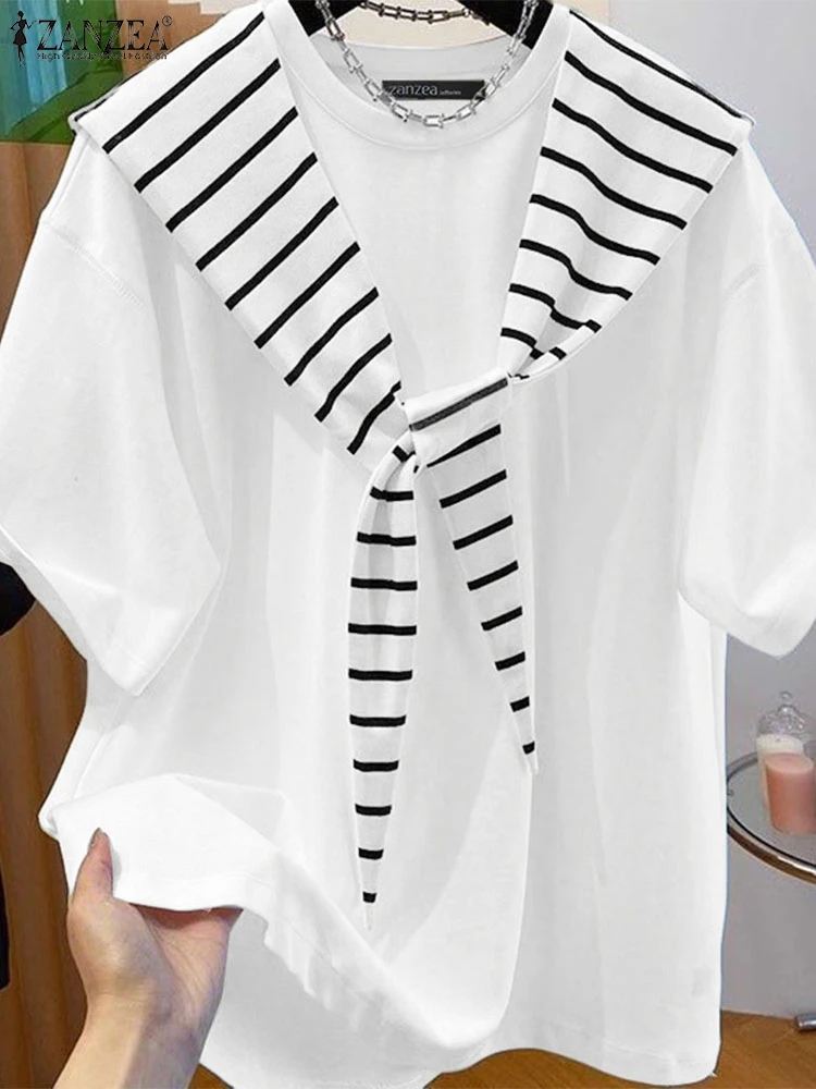 

ZANZEA Stylish Casual Half Sleeve Blouses 2025 Summer Women Tops Elegant O Neck Work Shirt Stripe Patchwork Blusas Loose Chemise