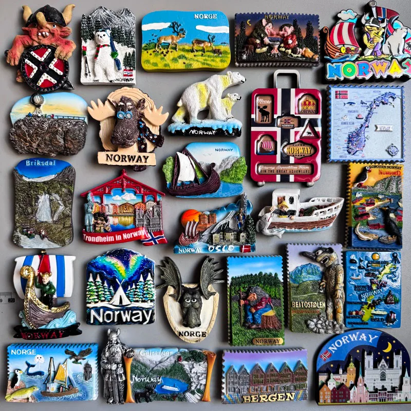 Ímã de Geladeira Noruega: Briksdal, Tromsø, Aurora Ártica, Norge, Corsair, Oslo, Fjord de Gillangere, Fjord de Fudong Nuus, Beitostolen, Bergen