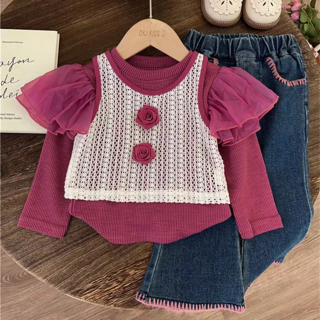 

Girls Suits Autumn Set 2024 New Girls Baby Fashion Vest Bottoms Children Spring and Autumn Jeans Three-piece Set Clothes