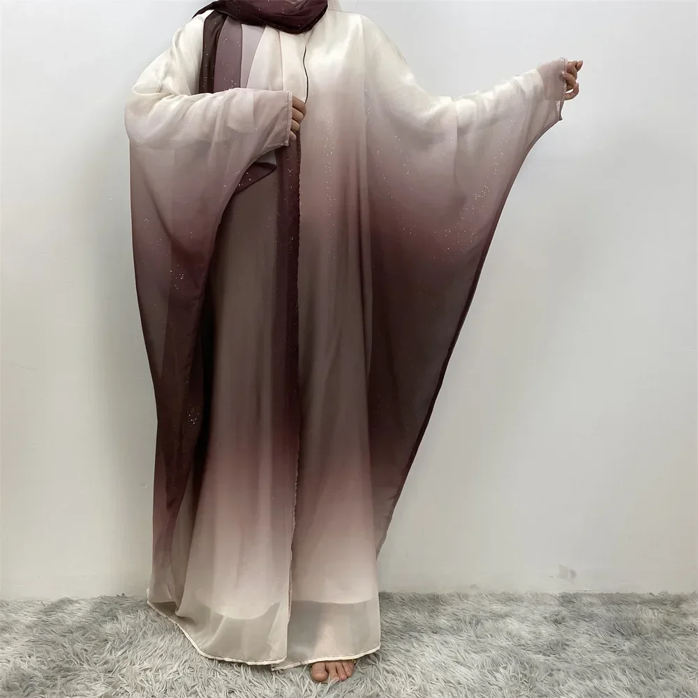 

Dubai Abaya Chiffon Shiny Gradient Color Open Kimono Batwing Muslim Dresses w/ Scarf Robe Khimar Set Islamic Kebaya Caftan Arab