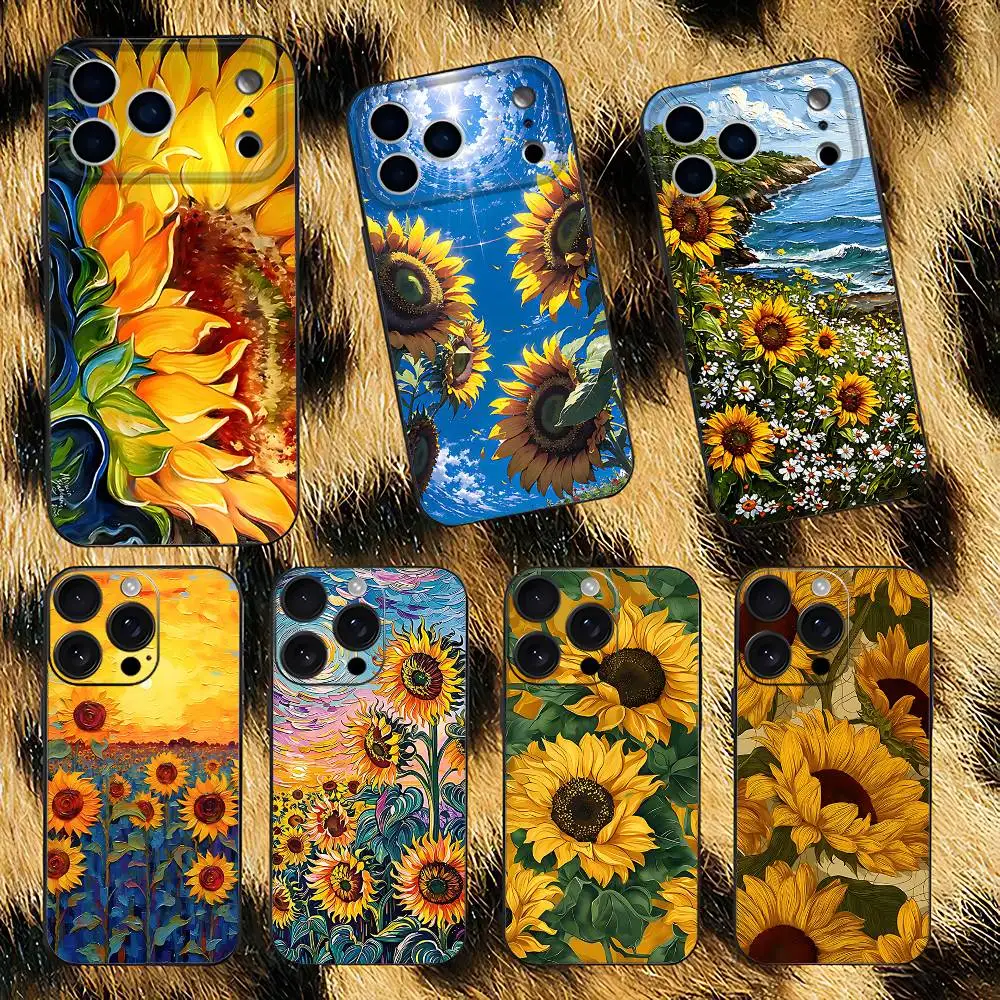 Sunflowers Printed Matte Phone Case For iPhone 17,16,15,14,13,12,11,Pro,XS,Max,XR,Plus,E,SE4,Mini Black Soft Cover