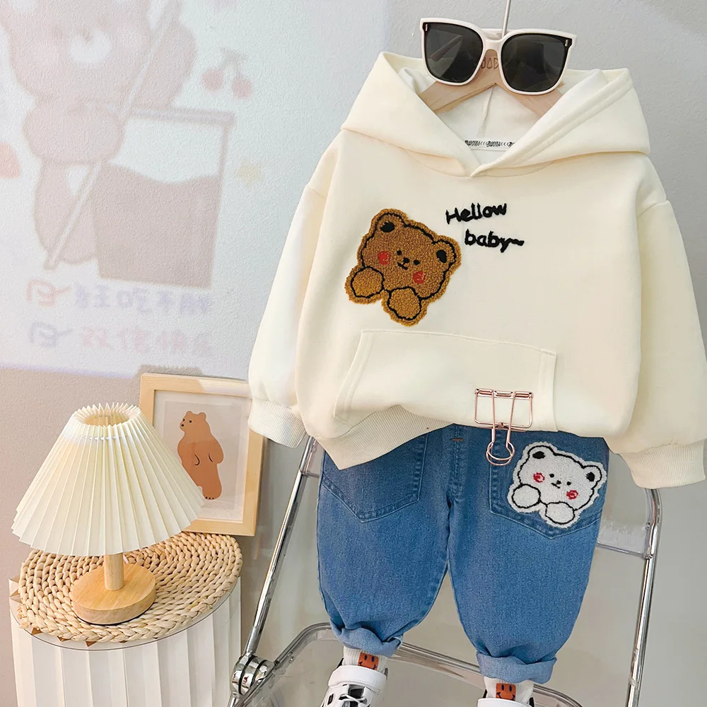 

2024 Spring New Baby Boy Clothes 1 To 5 Years Korean Style Casual Cartoon Long Sleeve Hooded Hoodies and Jeans Girls Outfit Set