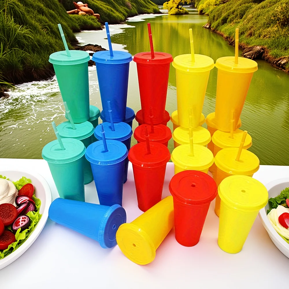 10/20/25 Pack Colorful Plastic Cup With Lid And Straw, 24oz Iced Coffee Tea Smoothie Cup, Reusable Large Cup, Suitable Adults, Women, Party, Tea, Latte, Cereal, Cappuccino, Yogurt, Dessert, Halloween, Gifts Tea, Latte, Cereal, Cappuccino, Yogurt, Dessert,