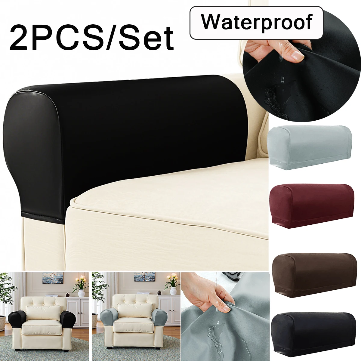 

2pcs/set Removable PU Leather Waterproof Stretch Armrest Covers Set Chair Sofa Arm Protectors Armchair Covers Solid Couch Cover