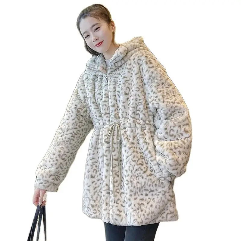 

2022 Autumn Winter New Woolen Coat Imitation Mink Fur Coat Women's Long Loose Hooded Waist Young Leopard Print Ladies Jacket