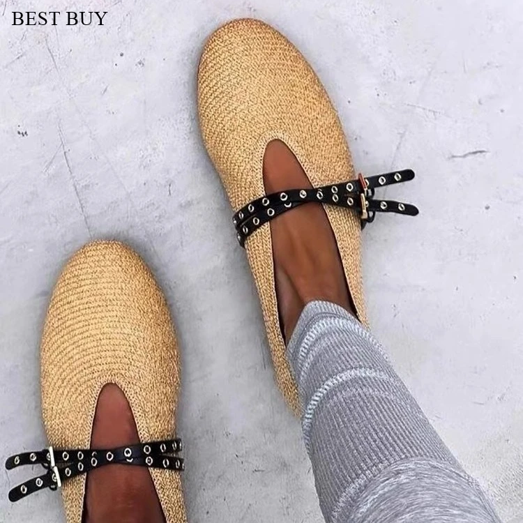 2024 Hand Knitting Buckle Strap Women Ballet Flats Shoes Solid Color Casual Women Mary Janes Shoes Breathable Round Toe Loafers