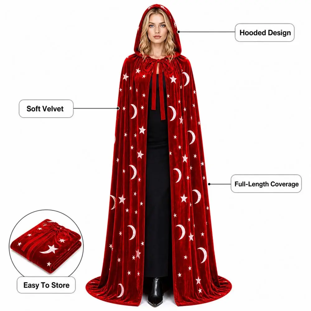 with Oversized Hood Halloween Hooded Cloak Polyester Velvet Ribbon Tie Closure Vintage Hooded Cape Moon and Star Print Vintage