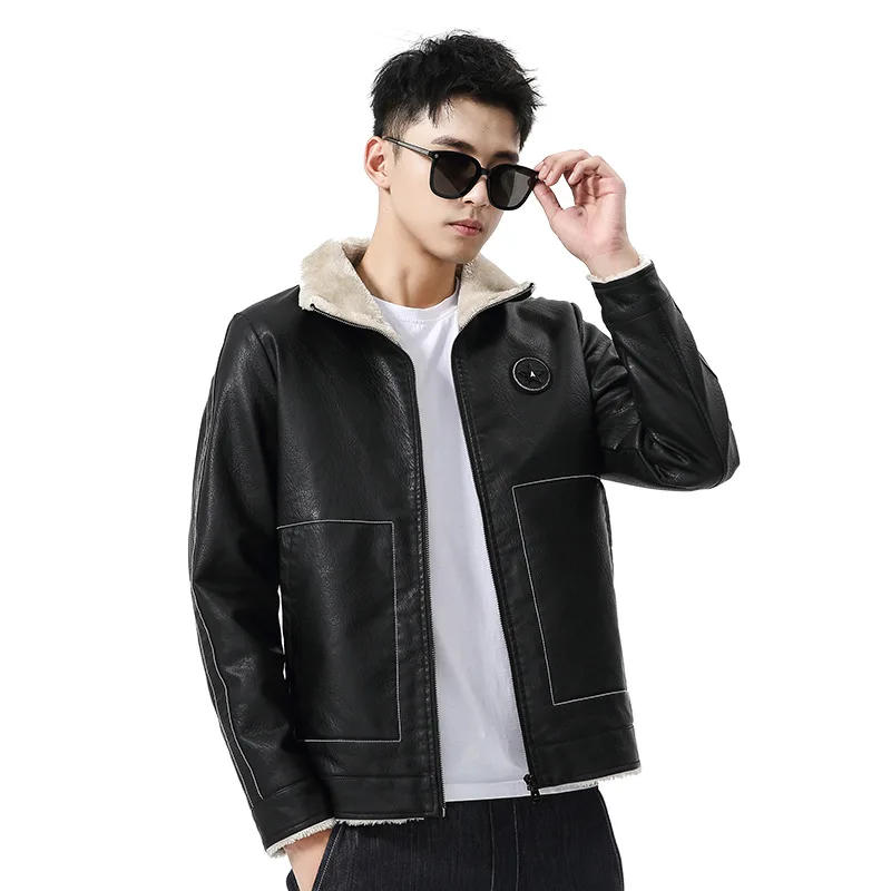 

Fur Collar Plus Velvet Leather Jacket Men's Winter Lapel Motorcycle Leather Jacket Men's Thickened Padded Jacket Winter Coat
