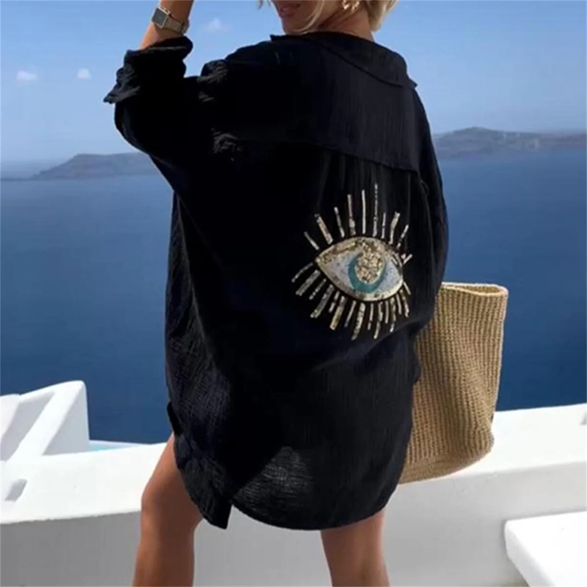 Women Casual Sequin Eye Shirt Dress Summer Fashion Beach Style Loose Button Sun Protection Cotton Linen Shirt Geometric Eye Tops