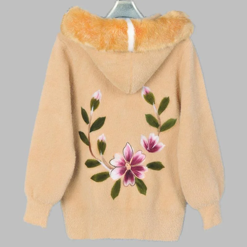 Giacca di lana addensata con cappuccio 2023 nuovo maglione ricamato donna imitazione visone lavorato a maglia Cardigan corto cappotto donna giacca di pelliccia