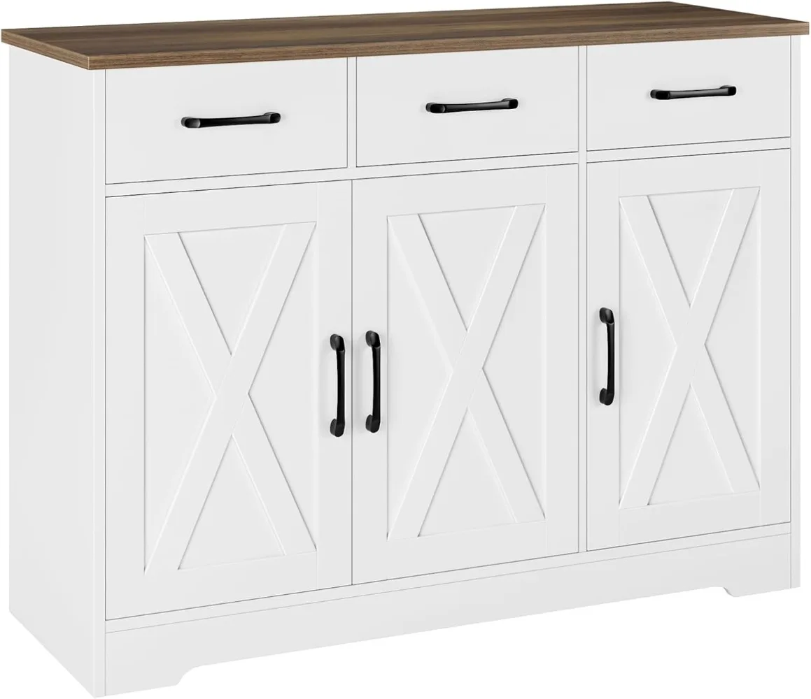 HOSTACK Moderner Bauernhaus-Sideboard-Buffetschrank, Buffet-Aufbewahrungsschrank mit Scheunentüren, Schubladen und Regalen, Kaffeebar aus Holz