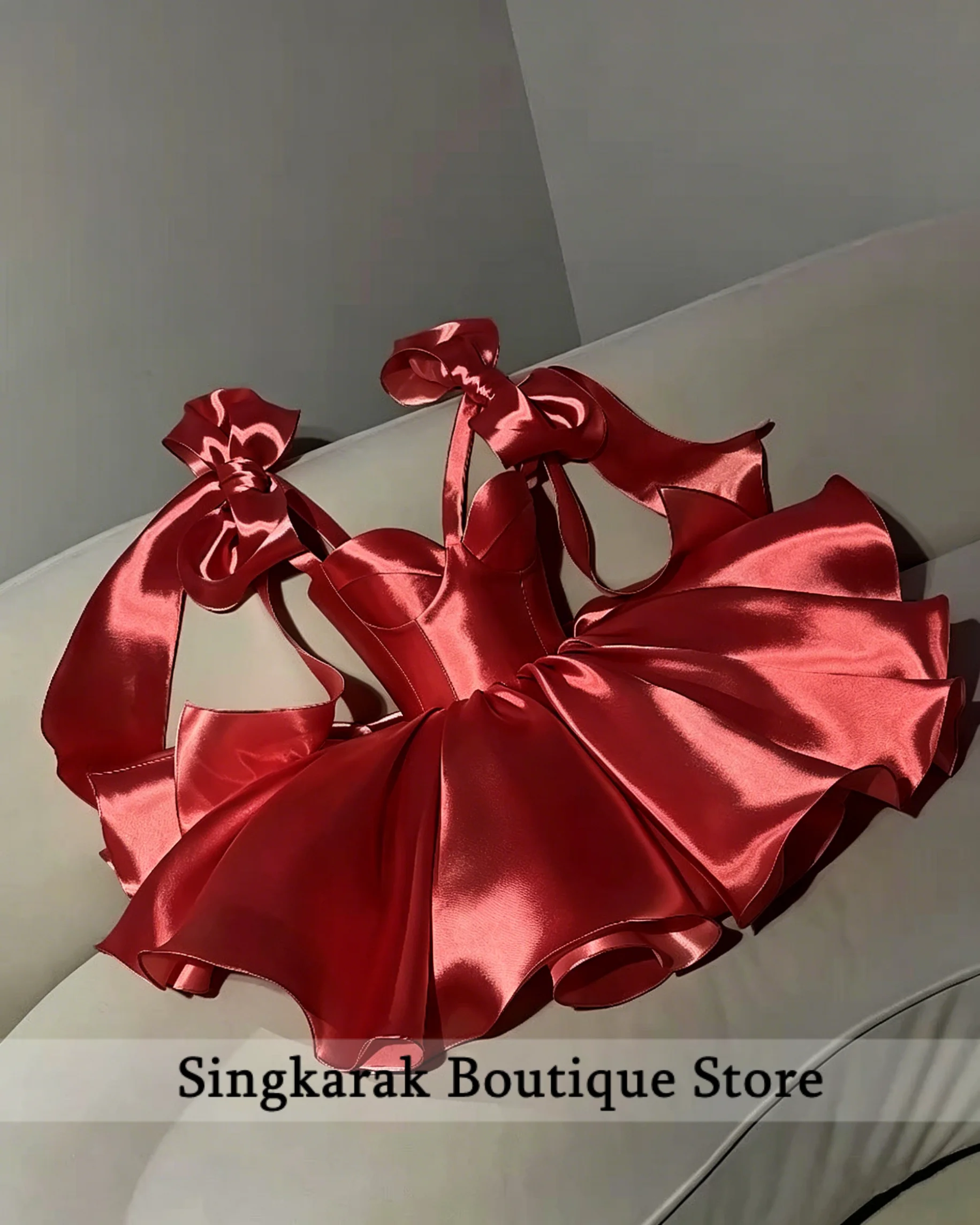 

Customized Red Short Bow Gown Sexy Sweetheart Neckline A-Line Mini Skirt Prom Dress Formal Occasion Gown Homecoming Paty Dress
