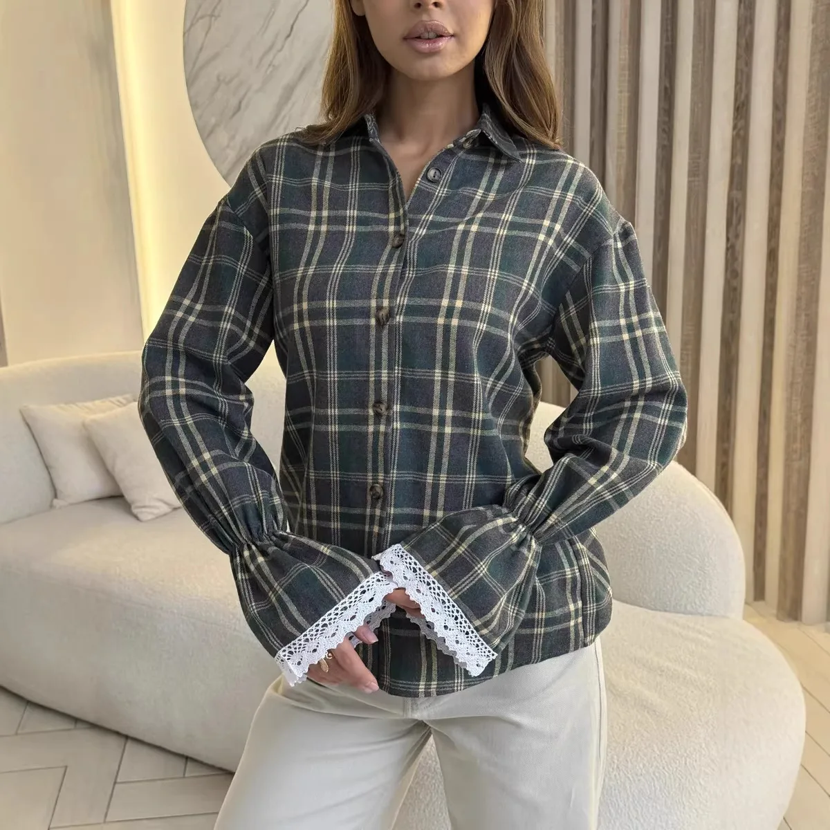 2026 Women's Vintage Green Plaid Flannel Shirt with Lace Cuff Detail Long Sleeve Button Down Y2K Casual Top Fall Winter Layering