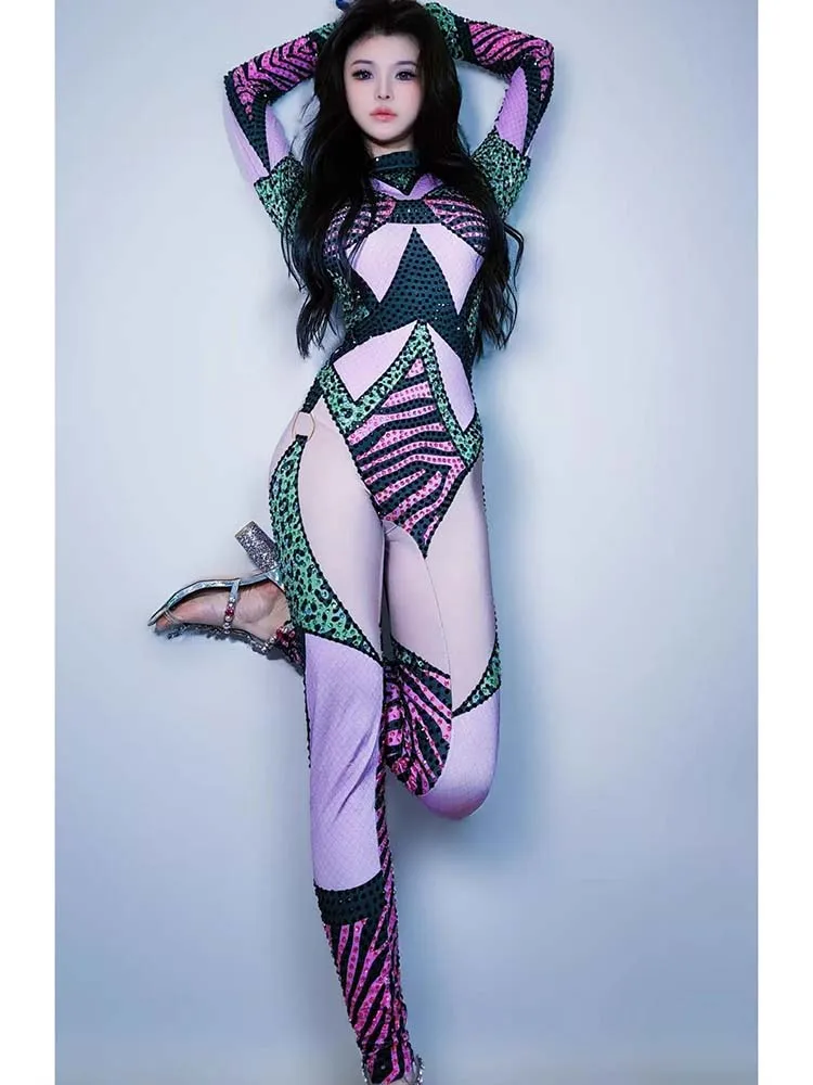 High Quality Rhinestone Elastic Color Blocked Jumpsuit 2025 New Fashion Custom Women'S Clothing