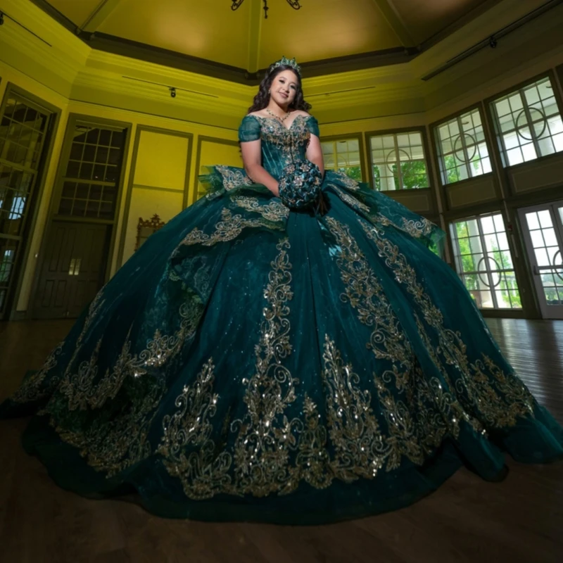 أسود أخضر لامع فساتين Quinceanera قبالة الكتف زين الدانتيل الديكور كريستال تول مشد حفلة عيد ميلاد الحلو 16 فستان