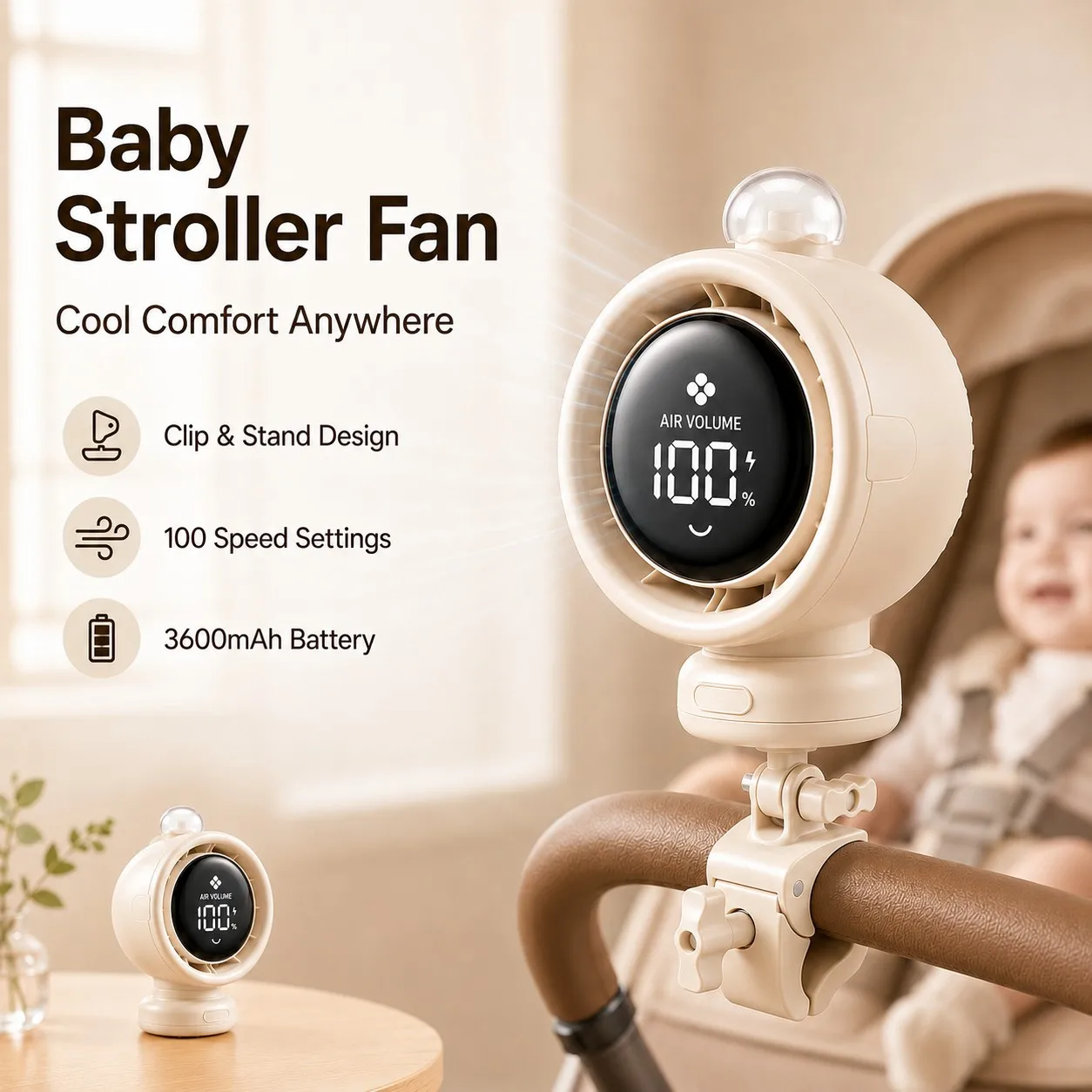 2026 New Portable Stroller Fan with Oscillation 100 Speeds Quiet Mini Clip on Fan 10H Battery USB C for Car Seat Crib Travel