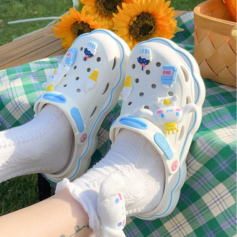 Kawaii Lolita Sanrio Hello Kitty Cave Shoes Women\'s Summer Sandals With Thick Heels Kuromi Cinnamoroll Casual Slippers Female