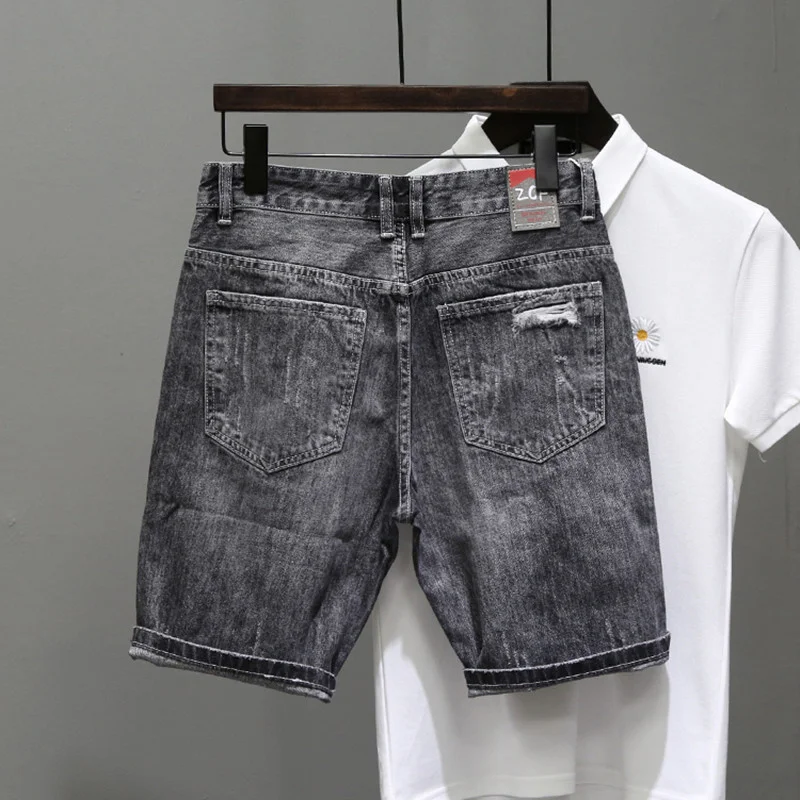 Summer Men\'s Grey Perforated Denim Shorts Korean Fashion Slim Elastic Five-piece Jeans Shorts Male Brand Pants 11styles