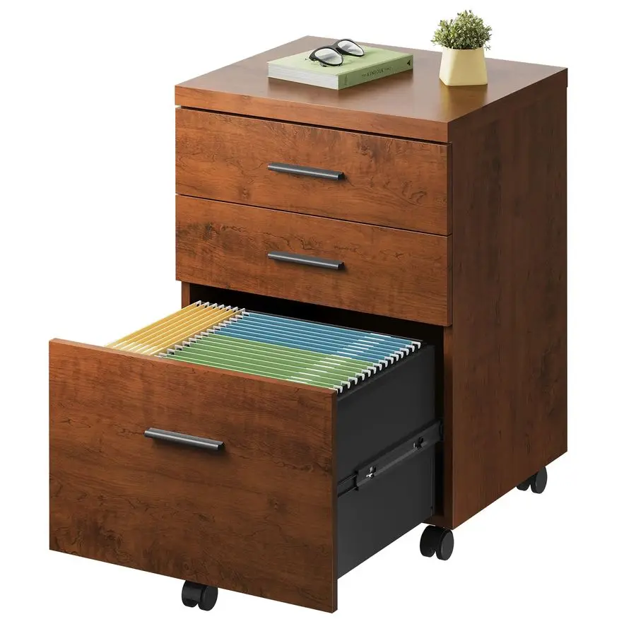 

3 Drawer File Cabinet for Home Office, Wood Under Desk Filing Cabinet, Rolling Printer Stand with Wheels, Walnut