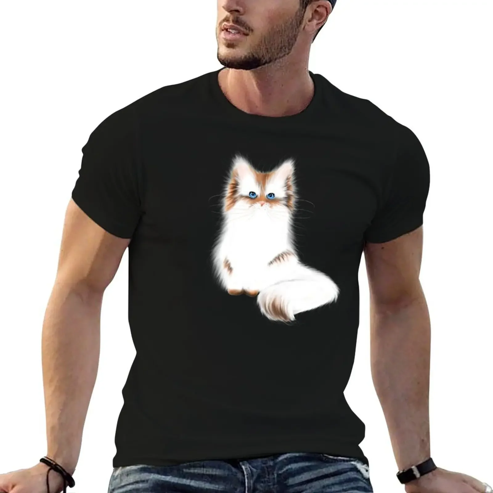 

White Kitten T-Shirt kawaii clothes customs design your own heavyweights Men's cotton t-shirt