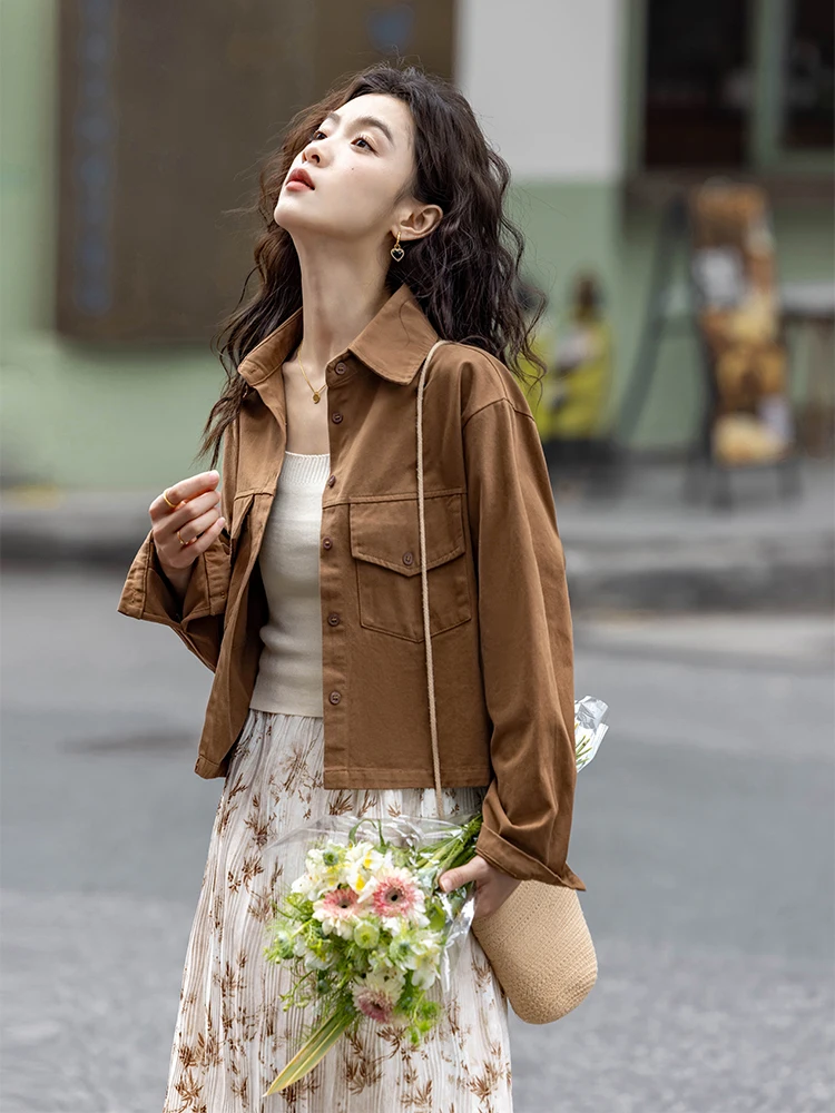 

Ретро-куртка из серии Caramel Mountain, женская, из чистого хлопка, повседневная, с длинными рукавами, весна-осень, новая модель, для города, ветрозащитная