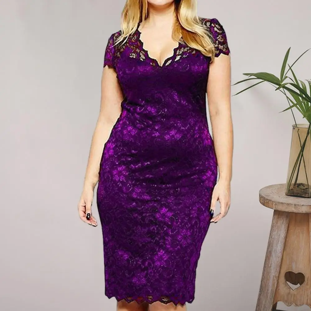 Summer Women See-through Lace Patchwork Mini Dress V-Neck Short Sleeve Slim Fit Plus Size Party Dress Female Clothing