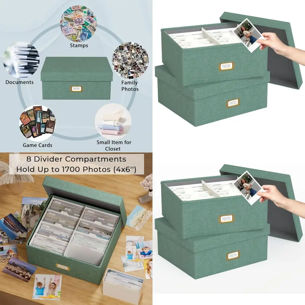 

2-Pack Linen Photo Storage Boxes with Dividers, Holds Up to 1700 4x6 Photos, Organizer for Scrapbook, Cards, Stamps (Green)