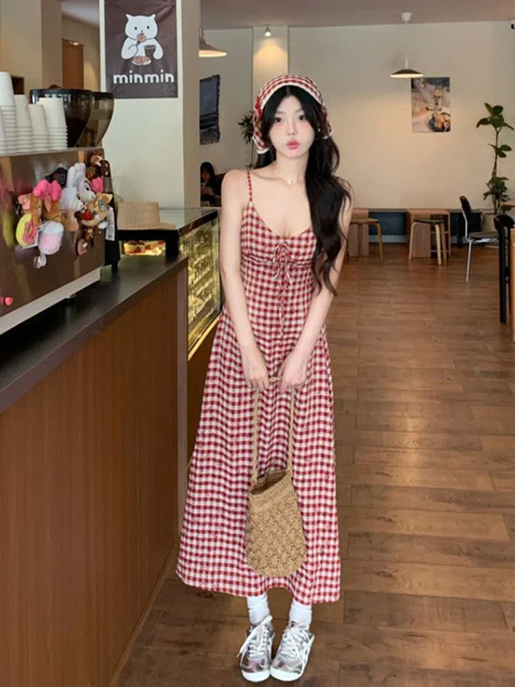 패션 격자 무늬 Camis 드레스 여성 빈티지 휴가 섹시한 백 레이스 스파게티 스트랩 드레스 한국어 슬림 스위트 미디 라인 드레스