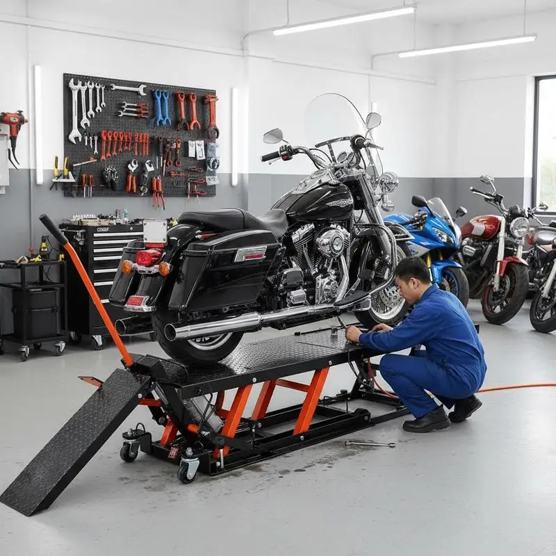 

Hydraulic Pneumatic Motorbike Elevator 1500lbs Capacity For Garage Workshop Maintenance Repair Shop, 4.1-15 in Height Range Heavy Duty Bike Repair Stand Removable Ramp 2 Casters ATVs Dirt Bike