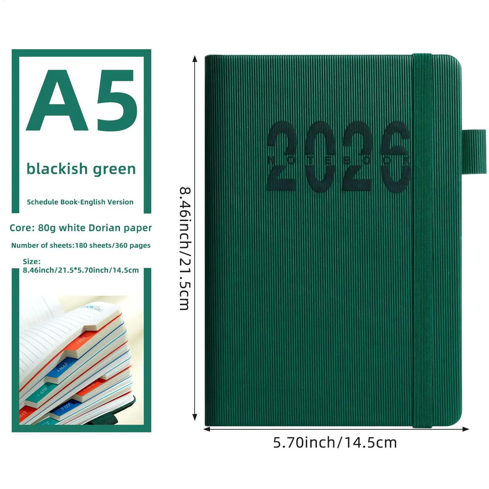 หนังสือกําหนดการ 2026 ตารางการวางแผนพร้อมสายคล้อง A5 โน้ตบุ๊คภาษาอังกฤษแนวตั้งลาย Journal สําหรับฟิตเนส Academic Business Trips