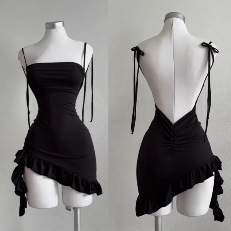 Dress Women Thin Strap Ruched Bodycon Mini Dress Irregular Ruffle Hem Tie Detail Night Club Party Evening Short Dresses