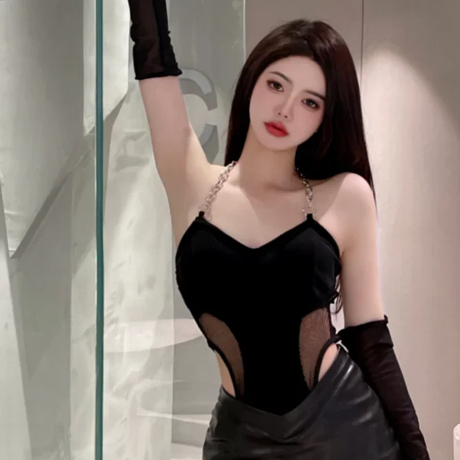 

Chain Halter Slim Sexy Women's Jumpsuit Splicing Bodycon Long Sleeves American Retro Leotard Top E5693