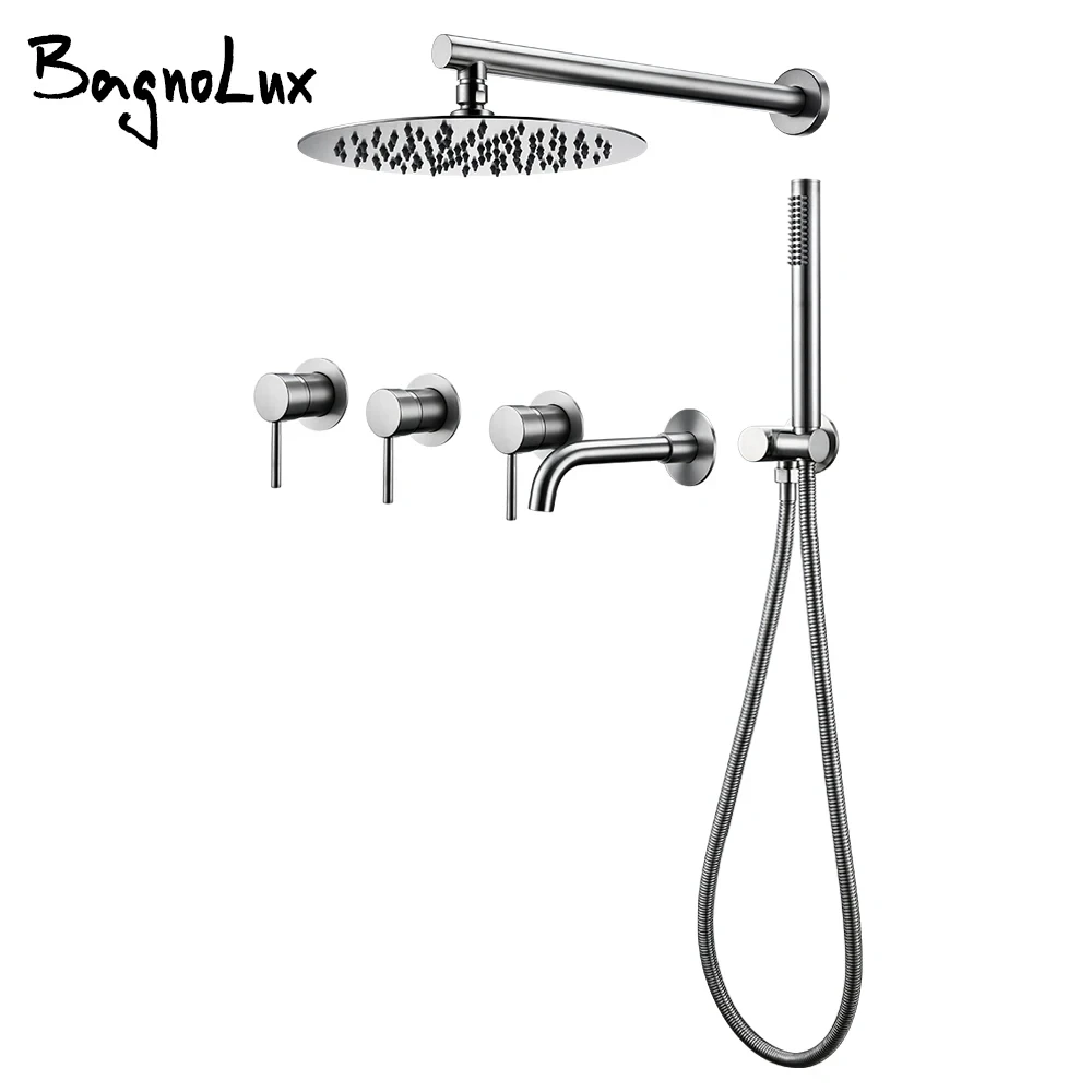 

Wall Mount Shower Faucet For Bathroom Set Black Bathtub Mixer Tap Brass 8/10/12 Inch Rainfall Headshower With Handshower