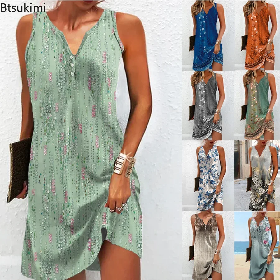 

2024 Women's Summer Casual Dresses Fashion Stitching V Neck Slim Bohemian Beach Dress Female Holiday Basic Sleeveless Vestidos