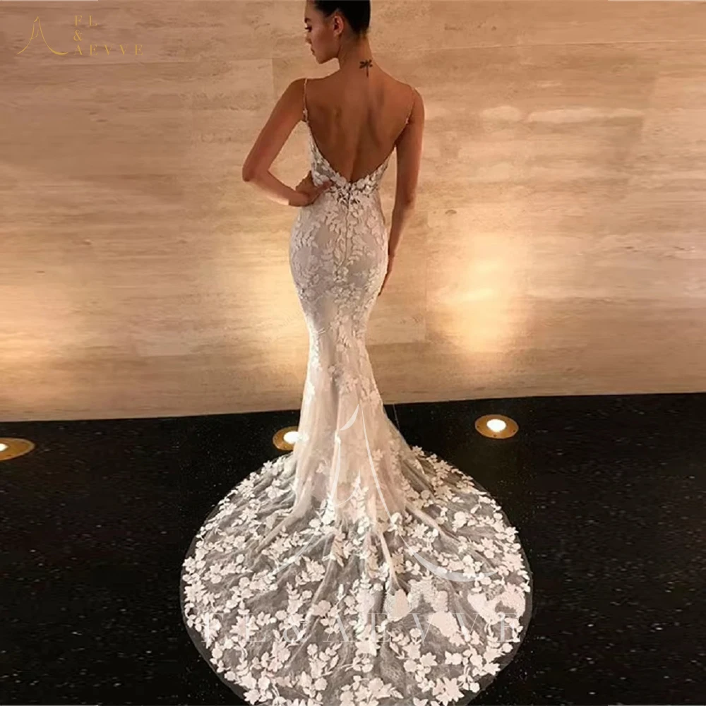 FL & AEVVE فساتين زفاف بأشرطة سباغيتي دانتيل مخصصة فستان زفاف حورية البحر مزين بفساتين العروس على الشاطئ Vestido De Noiva