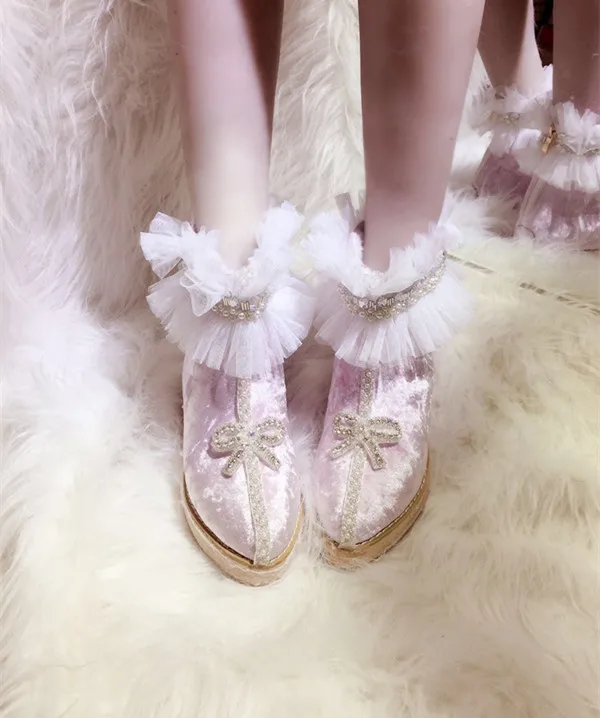 Chaussures à talons hauts avec nœud papillon pour fille française, rose, pointues, en cachemire, garde au chaud, mignonnes, kawaii