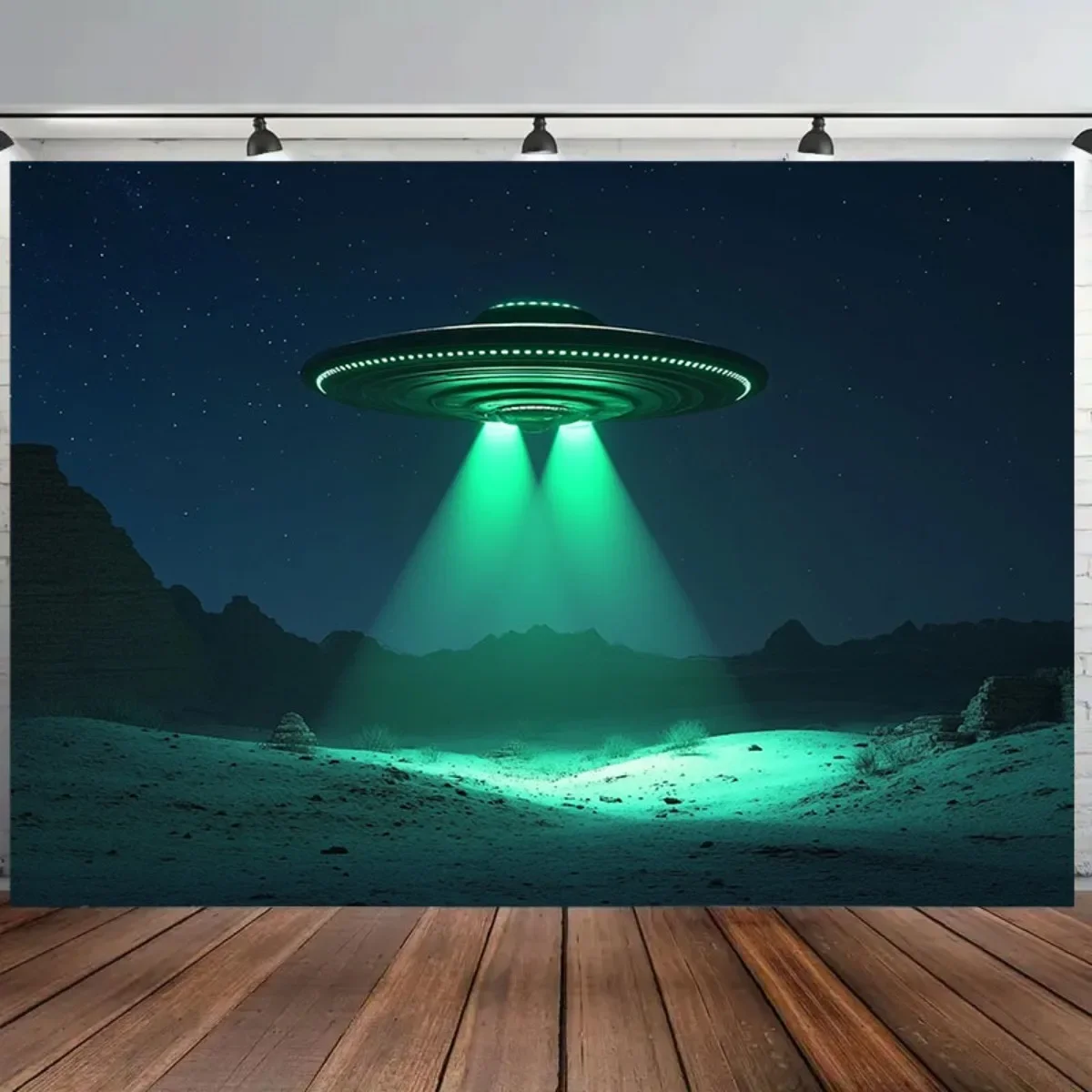 Alien UFO Spaceship Tapestry Green Light Beam Night Desert Starry Sky Wall Hanging Decor Aesthetic Backdrop for Gaming Room