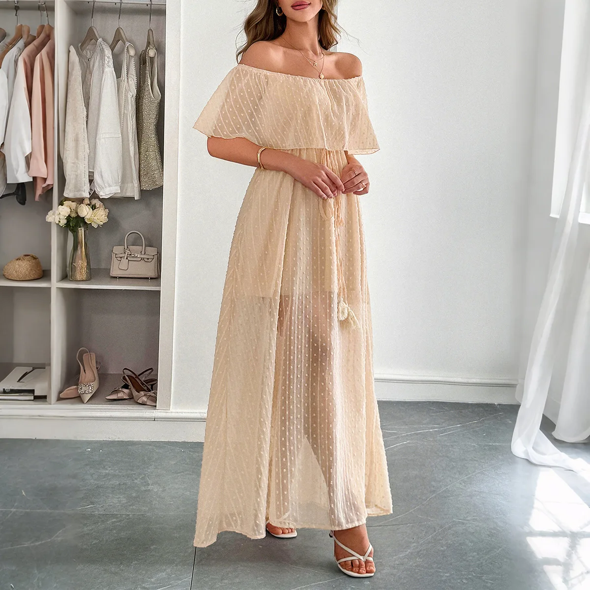 Off Shoulder Puff Sleeve Sundress - Elegantes Damen Sommer Casual Gepunktetes Schulterfreies