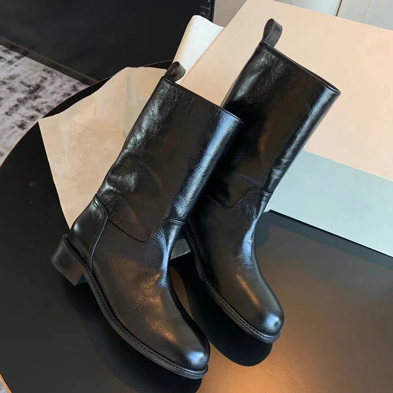 Zimowe modne buty w nowym stylu Cienki środkowy obcas Gruby obcas Miękka skórzana plisowana konstrukcja Luźne buty damskie Chunky Platform Booties