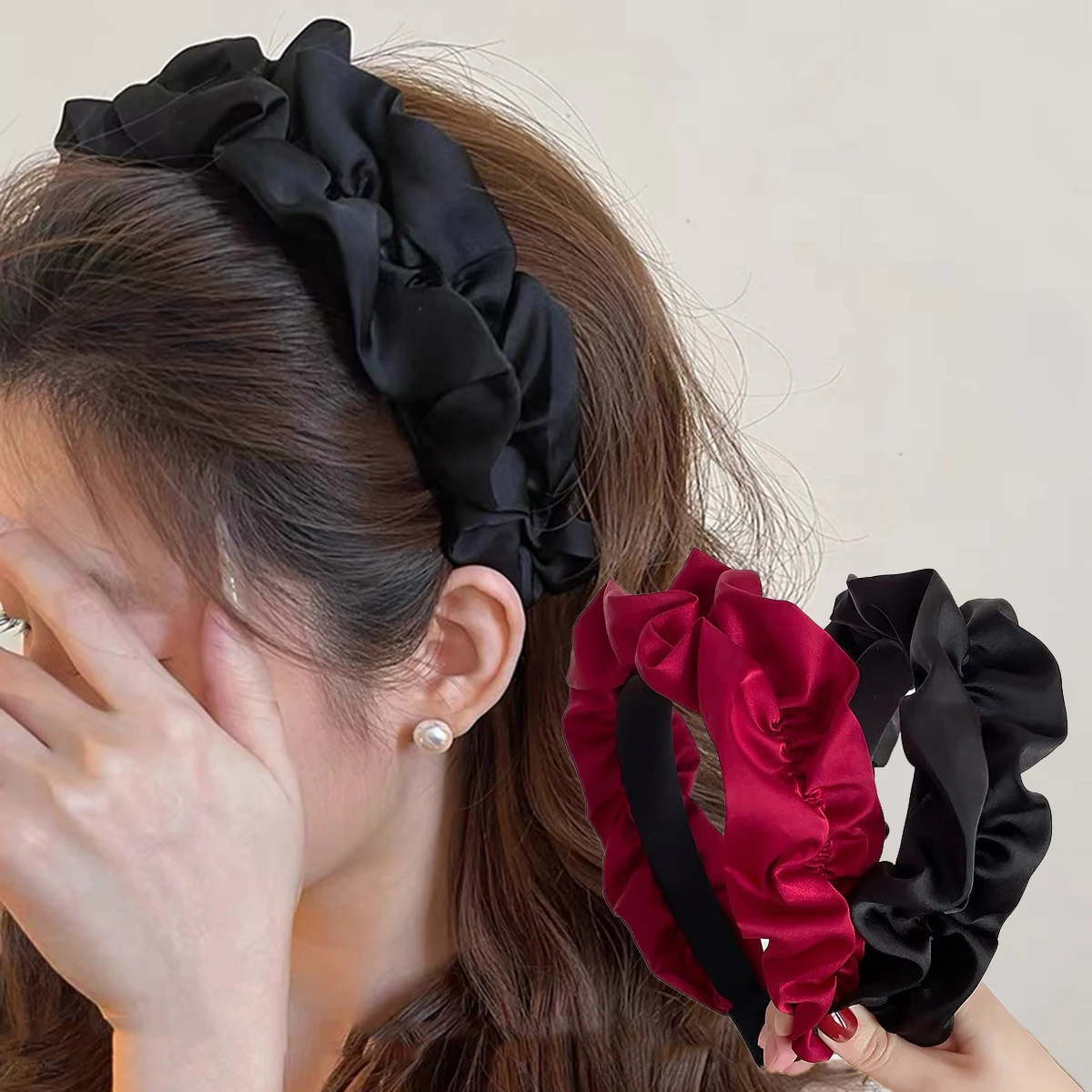 

AWAYTR однотонная плиссированная повязка на голову с широкими полями для женщин, элегантная повязка для мытья лица, модные аксессуары для волос для девочек