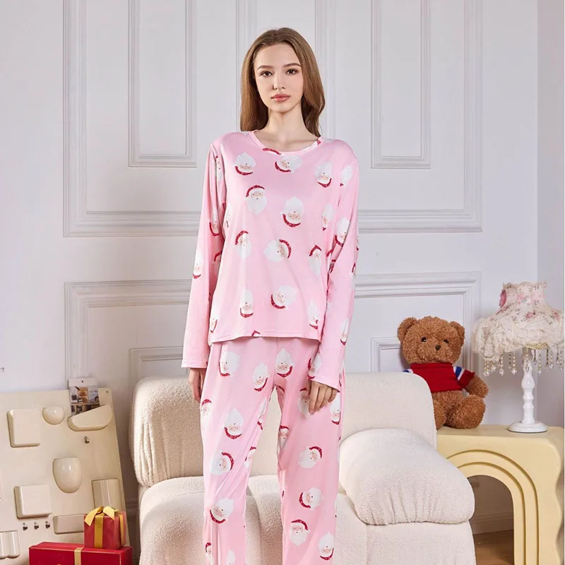 Large Size Sleepwear Women Cartoon Printing Santa Claus School Pyjamas Two-Piece Set Long-Sleeved Trousers Christmas Home Wear