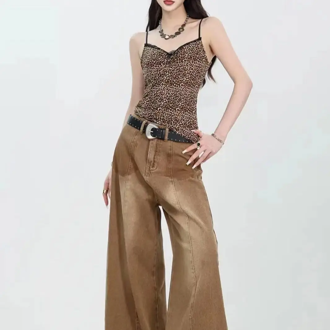 

New Denim Jeans with Washed Design, High Waist Slimming, Retro Loose Straight Leg, Floor Hugging, Wide Legs