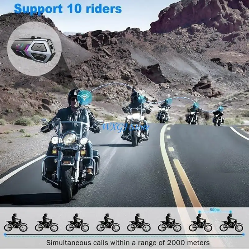 Interkom Helm Sepeda Motor Nirkabel 37JE untuk 10 Pengendara, Konektivitas 2000M, Teknologi Peredam Kebisingan, Tahan Air 2x