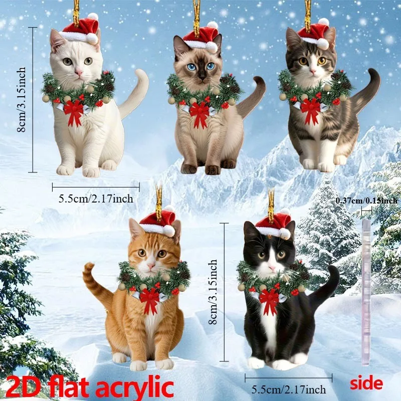 New Christmas Wreath Cat Acrylic Flat 2D Decoration Pendant Motorcycle Handlebars Rearview Mirror Keychain Hanging Tag